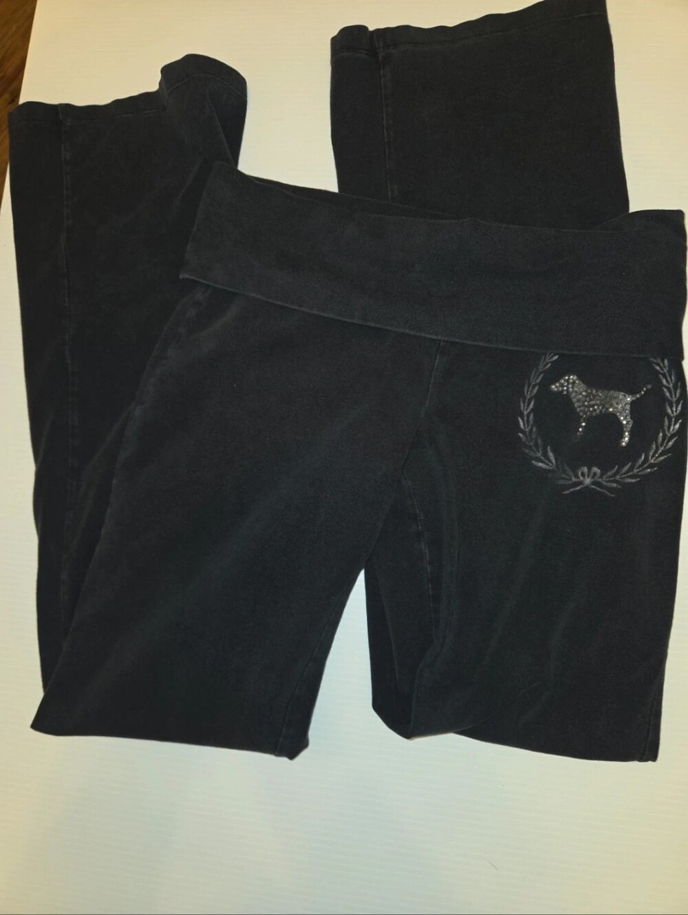 VTG Y2K Victoria’s Secret PINK Rhinestone Foldover Flare Yoga Pants Medium Bling